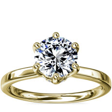 Bague de fiançailles solitaire six griffes avec halo de diamants dissimulé en or jaune 14 carats